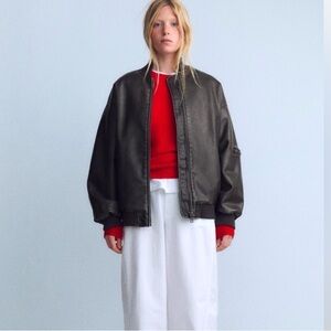 Zara Distressed Oversized Faux Leather Bomber Jacket